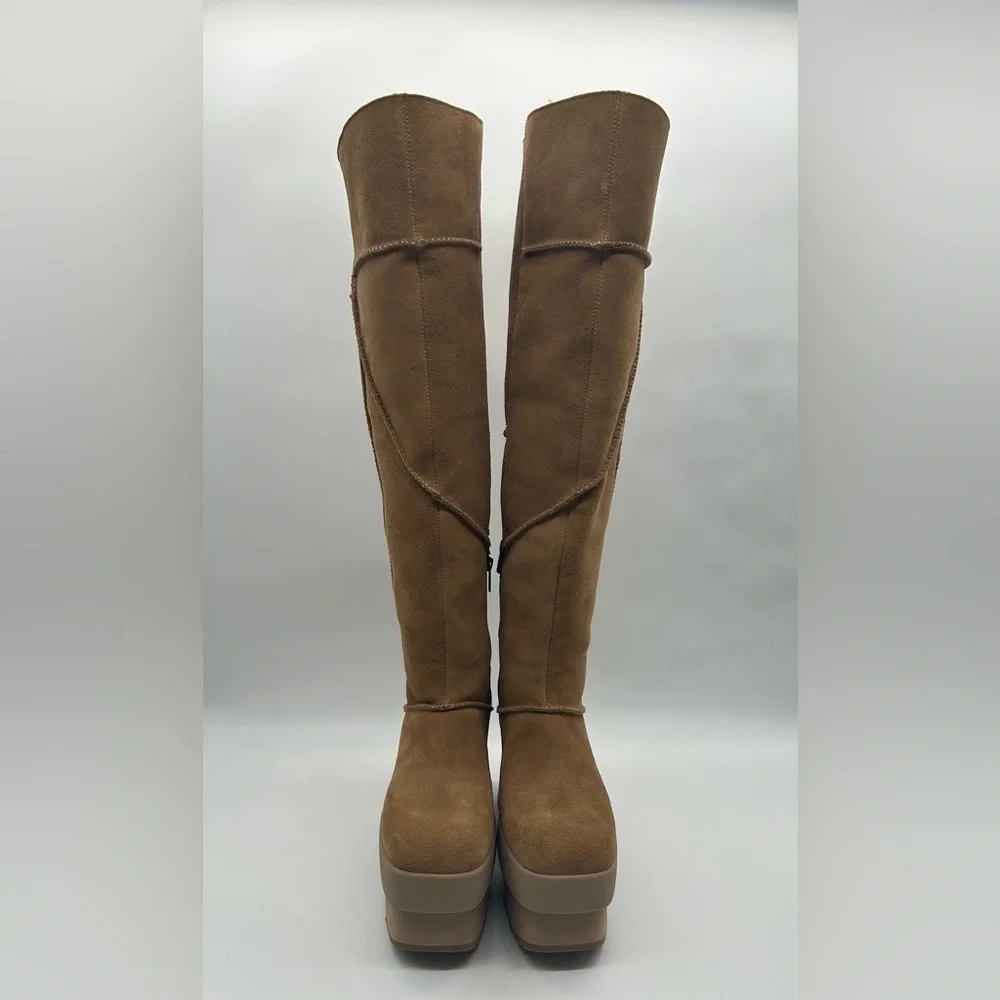 UGG Tall Suede Platform Shearling Lined Chunky Heel Boots Brown Size 8
